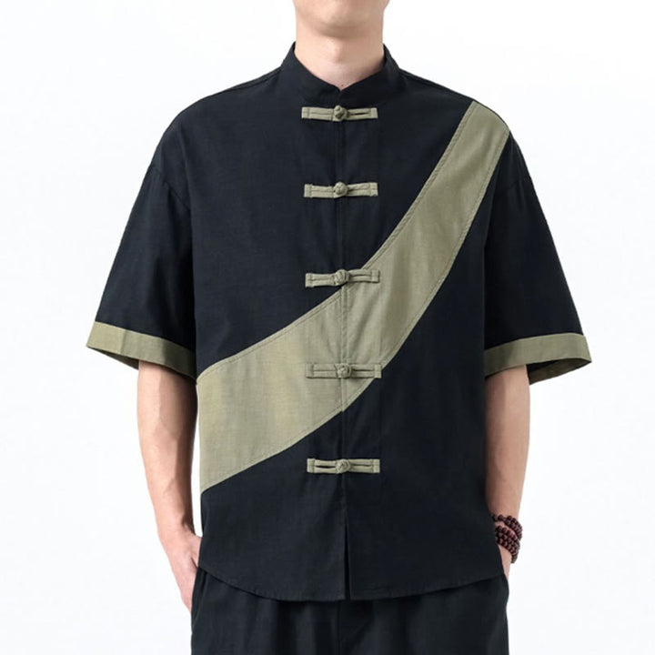 Koszula męska z bawełny i lnu z krótkim rękawem i kontrastowymi chińskimi guzikami żaby Buddha Stones Wiosna - image 2