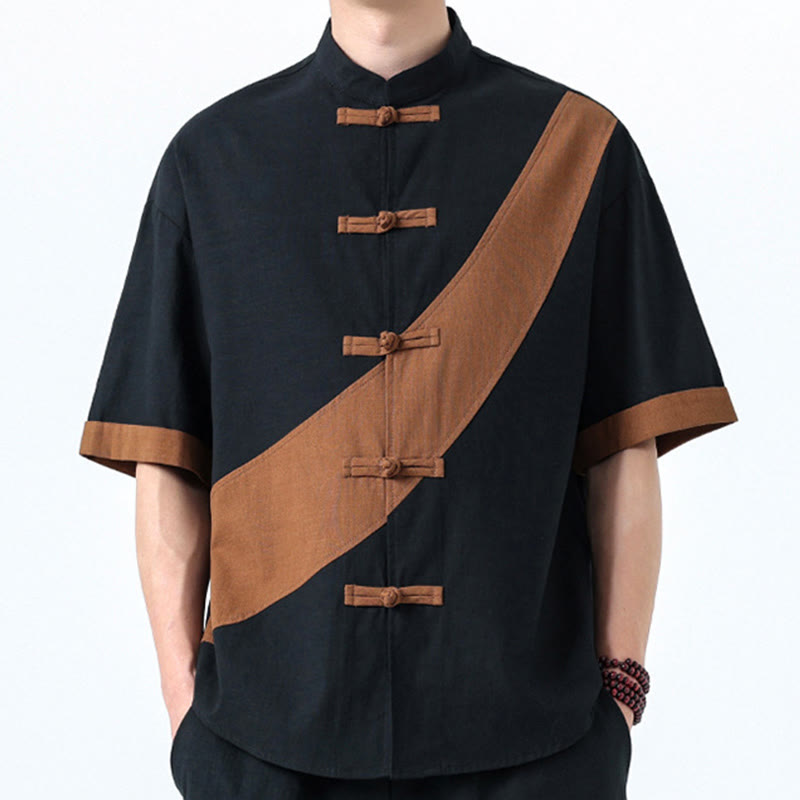 Koszula męska z bawełny i lnu z krótkim rękawem i kontrastowymi chińskimi guzikami żaby Buddha Stones Wiosna - image 34