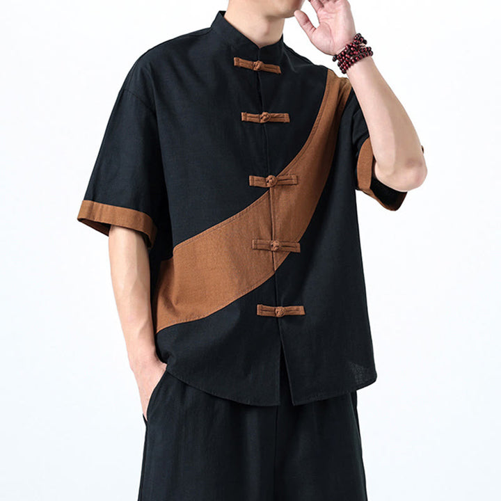 Koszula męska z bawełny i lnu z krótkim rękawem i kontrastowymi chińskimi guzikami żaby Buddha Stones Wiosna - image 31