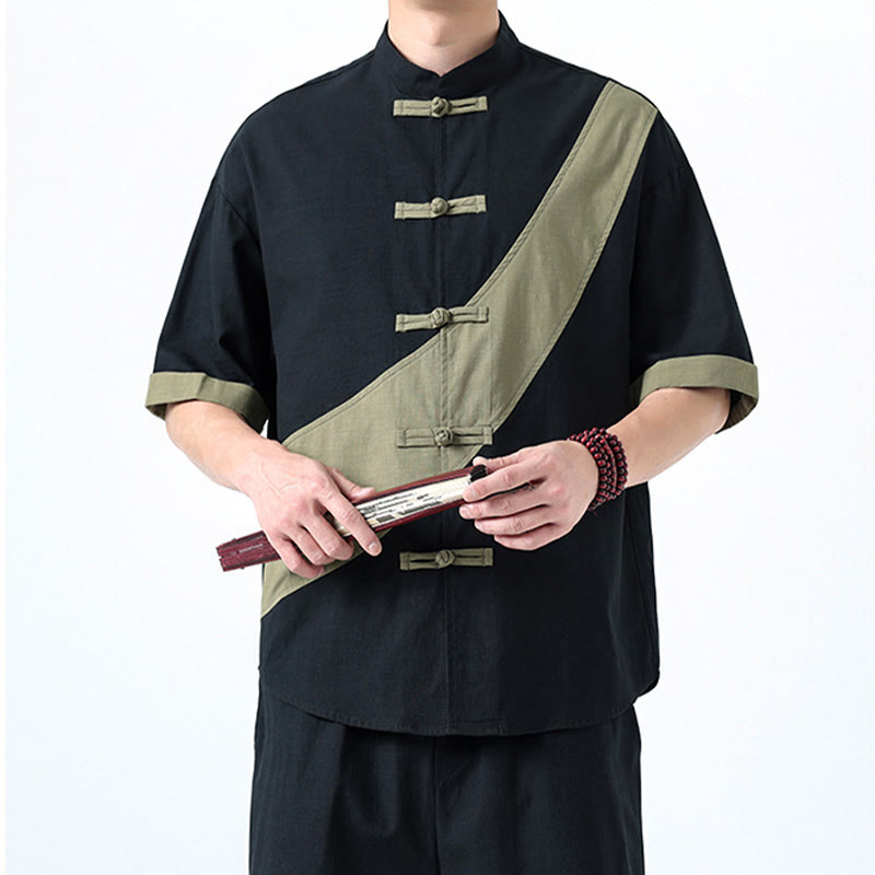 Koszula męska z bawełny i lnu z krótkim rękawem i kontrastowymi chińskimi guzikami żaby Buddha Stones Wiosna - image 5