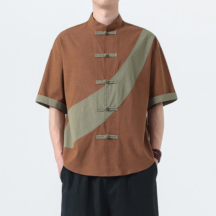 Koszula męska z bawełny i lnu z krótkim rękawem i kontrastowymi chińskimi guzikami żaby Buddha Stones Wiosna - image 26