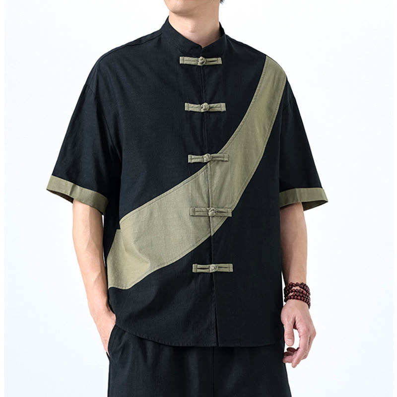 Koszula męska z bawełny i lnu z krótkim rękawem i kontrastowymi chińskimi guzikami żaby Buddha Stones Wiosna - image 4