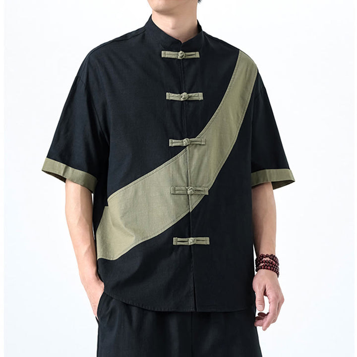 Koszula męska z bawełny i lnu z krótkim rękawem i kontrastowymi chińskimi guzikami żaby Buddha Stones Wiosna - image 4