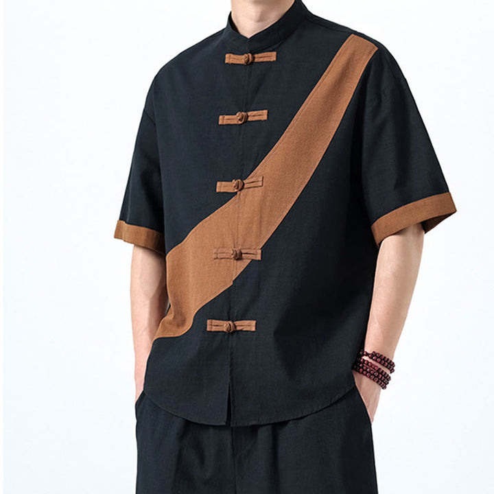 Koszula męska z bawełny i lnu z krótkim rękawem i kontrastowymi chińskimi guzikami żaby Buddha Stones Wiosna - image 33