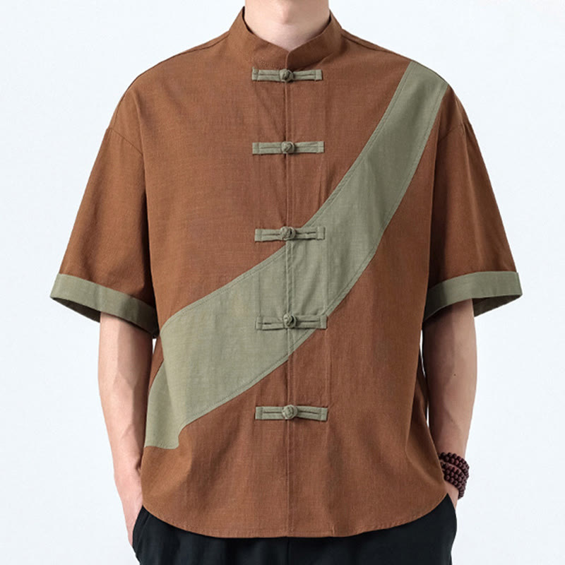 Koszula męska z bawełny i lnu z krótkim rękawem i kontrastowymi chińskimi guzikami żaby Buddha Stones Wiosna - image 23