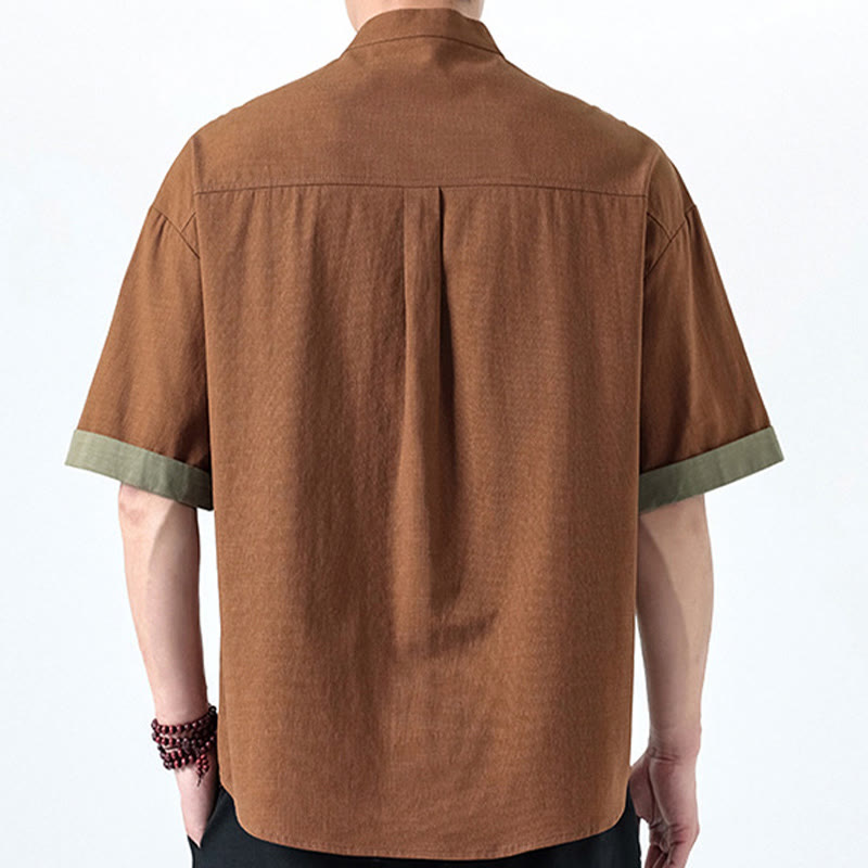 Koszula męska z bawełny i lnu z krótkim rękawem i kontrastowymi chińskimi guzikami żaby Buddha Stones Wiosna - image 24