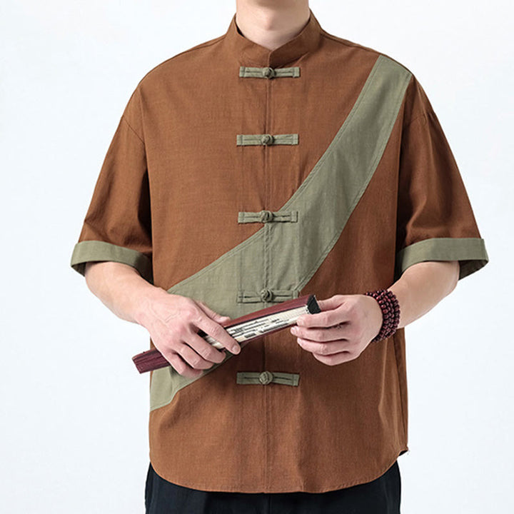 Koszula męska z bawełny i lnu z krótkim rękawem i kontrastowymi chińskimi guzikami żaby Buddha Stones Wiosna - image 25