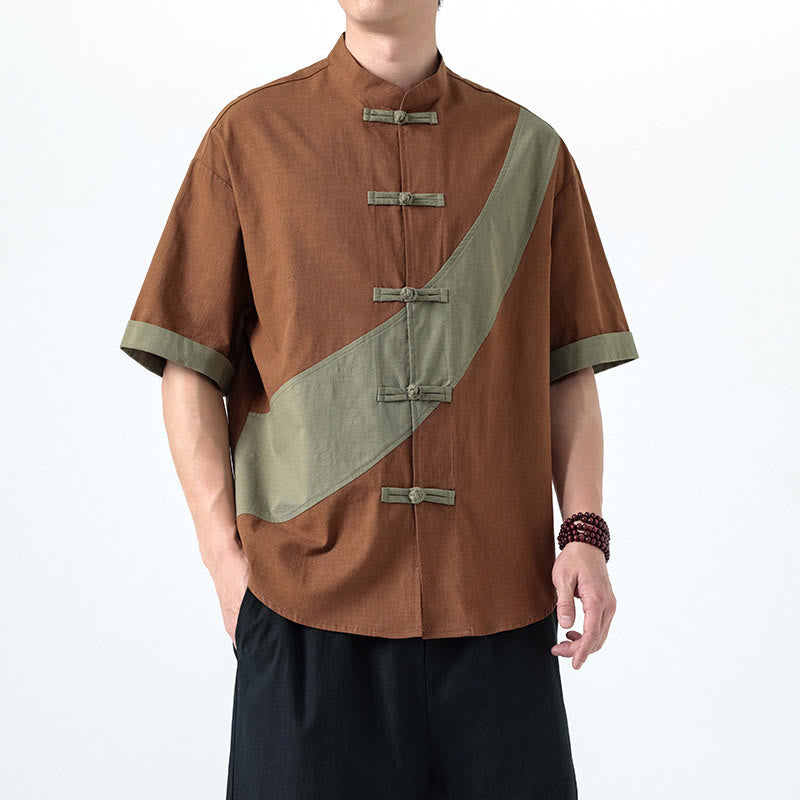 Koszula męska z bawełny i lnu z krótkim rękawem i kontrastowymi chińskimi guzikami żaby Buddha Stones Wiosna - image 21