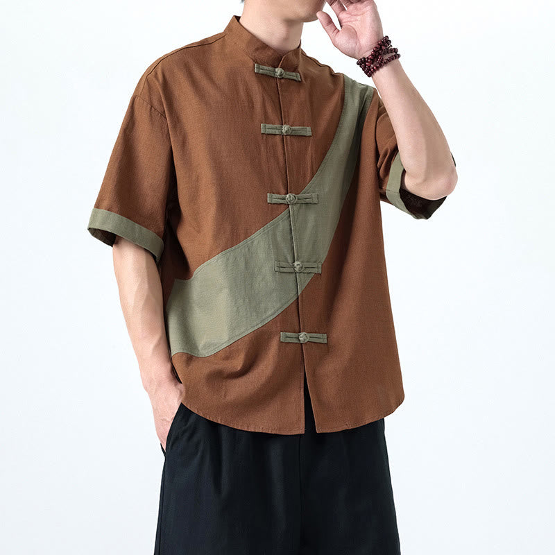 Koszula męska z bawełny i lnu z krótkim rękawem i kontrastowymi chińskimi guzikami żaby Buddha Stones Wiosna - image 27