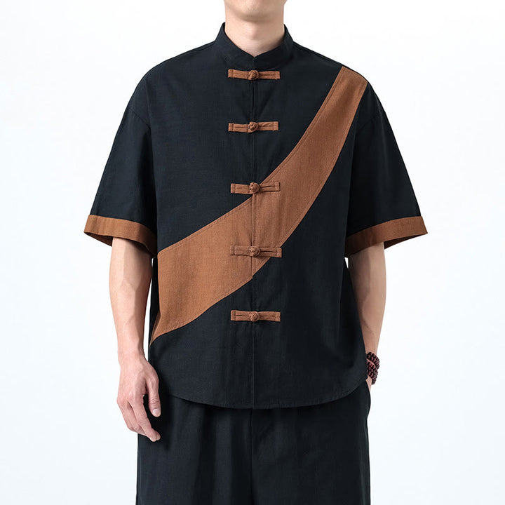 Koszula męska z bawełny i lnu z krótkim rękawem i kontrastowymi chińskimi guzikami żaby Buddha Stones Wiosna - Czarny z Peru - US/UK/AU46， EU56 (5XL) - image 28