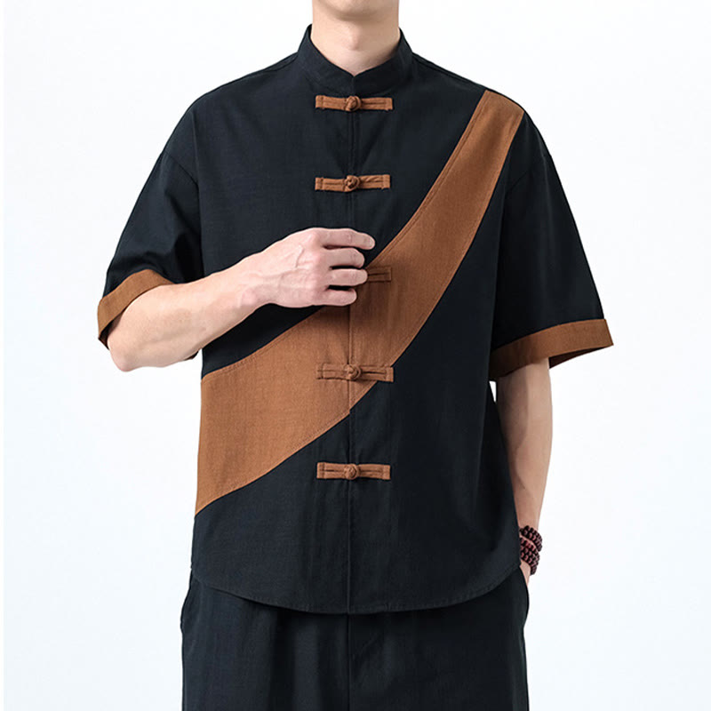 Koszula męska z bawełny i lnu z krótkim rękawem i kontrastowymi chińskimi guzikami żaby Buddha Stones Wiosna - image 32