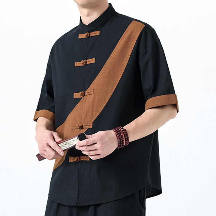 Koszula męska z bawełny i lnu z krótkim rękawem i kontrastowymi chińskimi guzikami żaby Buddha Stones Wiosna - image 29