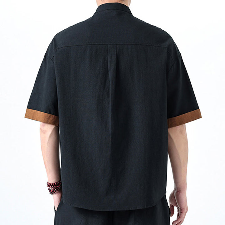 Koszula męska z bawełny i lnu z krótkim rękawem i kontrastowymi chińskimi guzikami żaby Buddha Stones Wiosna - image 35