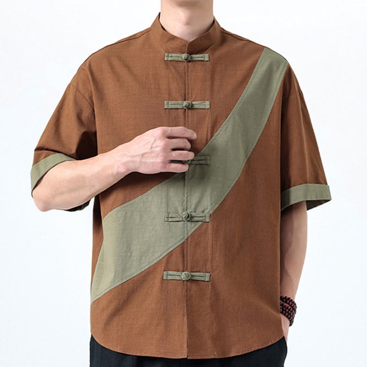 Koszula męska z bawełny i lnu z krótkim rękawem i kontrastowymi chińskimi guzikami żaby Buddha Stones Wiosna - image 20