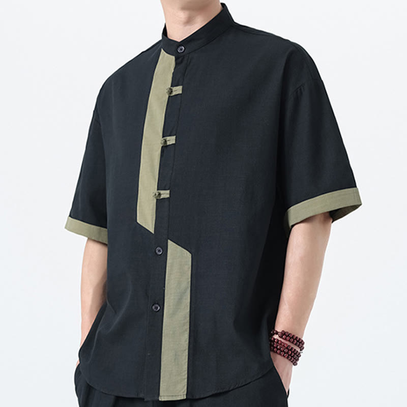 Buddha Stones Casual Kolor Dopasowany Chiński Żaba-Guzik Projekt Tang Garnitur Męski Pół Rękawa Bawełna Lniana Koszula - image 21