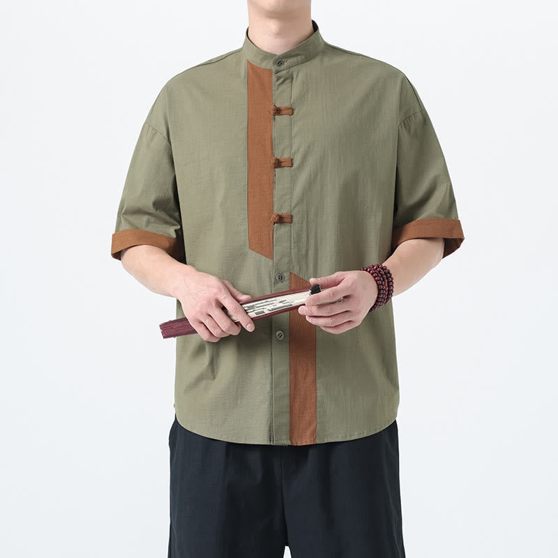 Buddha Stones Casual Kolor Dopasowany Chiński Żaba-Guzik Projekt Tang Garnitur Męski Pół Rękawa Bawełna Lniana Koszula - DarkSeaGreen - US/UK/AU46， EU56 (5XL) - image 7