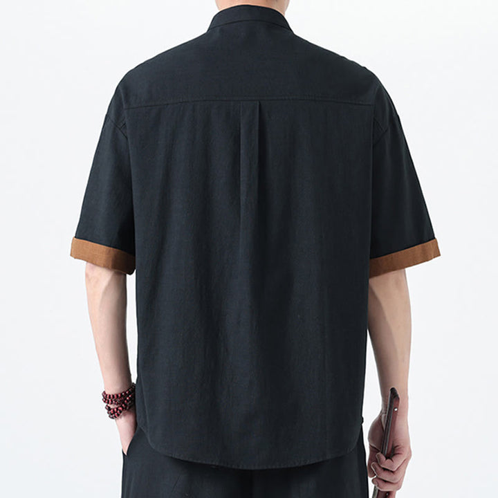 Buddha Stones Casual Kolor Dopasowany Chiński Żaba-Guzik Projekt Tang Garnitur Męski Pół Rękawa Bawełna Lniana Koszula - image 2