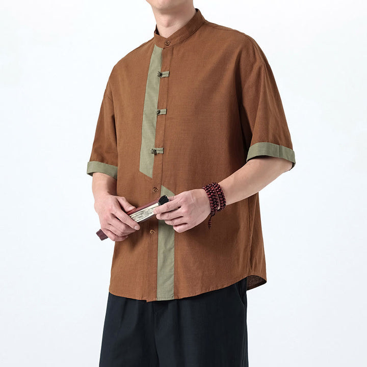 Buddha Stones Casual Kolor Dopasowany Chiński Żaba-Guzik Projekt Tang Garnitur Męski Pół Rękawa Bawełna Lniana Koszula - Peru - US/UK/AU46， EU56 (5XL) - image 14
