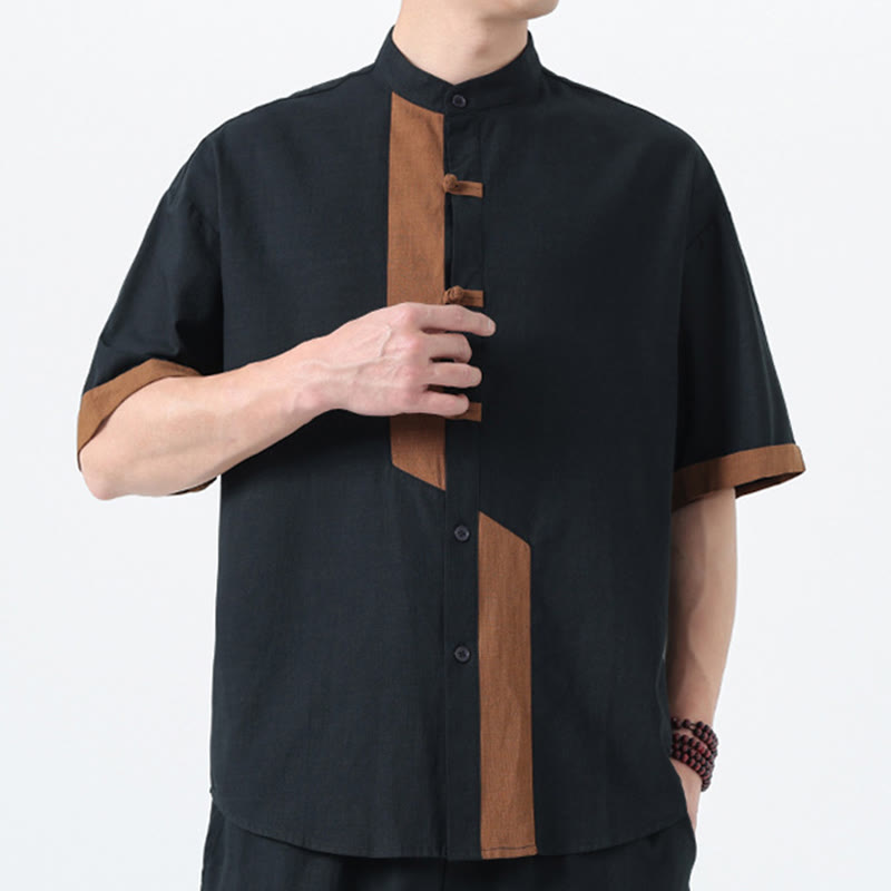 Buddha Stones Casual Kolor Dopasowany Chiński Żaba-Guzik Projekt Tang Garnitur Męski Pół Rękawa Bawełna Lniana Koszula - image 4