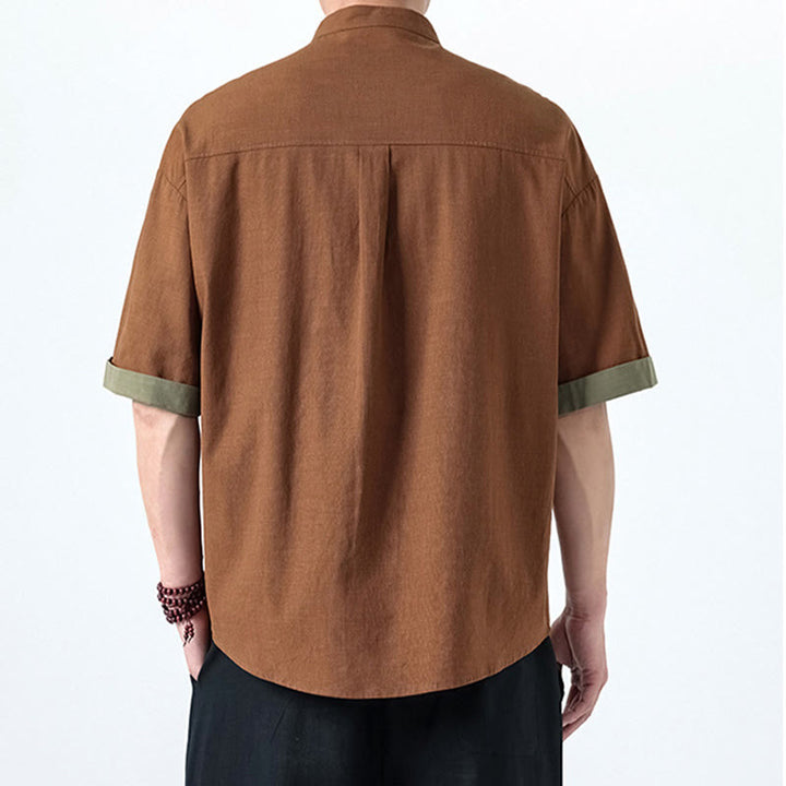 Buddha Stones Casual Kolor Dopasowany Chiński Żaba-Guzik Projekt Tang Garnitur Męski Pół Rękawa Bawełna Lniana Koszula - image 16
