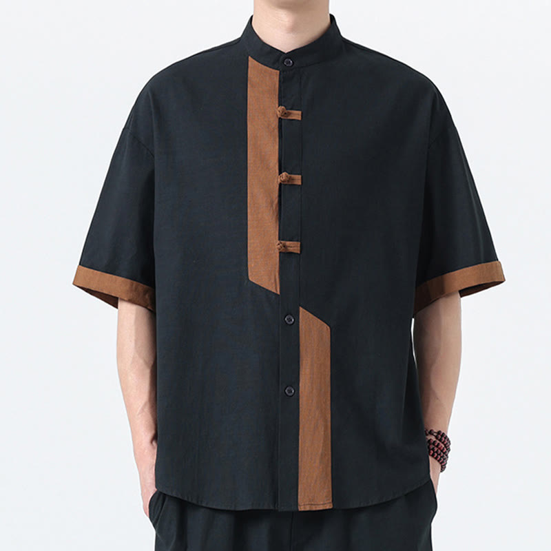 Buddha Stones Casual Kolor Dopasowany Chiński Żaba-Guzik Projekt Tang Garnitur Męski Pół Rękawa Bawełna Lniana Koszula - Czarny z Peru - US/UK/AU46， EU56 (5XL) - image 0