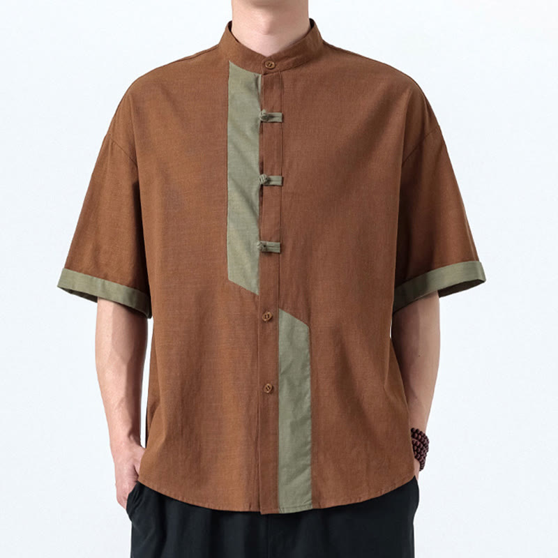 Buddha Stones Casual Kolor Dopasowany Chiński Żaba-Guzik Projekt Tang Garnitur Męski Pół Rękawa Bawełna Lniana Koszula - image 15