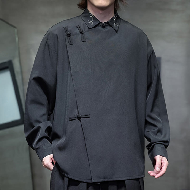 Koszula męska z długim rękawem i haftem w stylu vintage z Buddha Stones w kolorze czystej chińskiej żaby - image 1