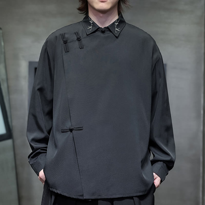 Koszula męska z długim rękawem i haftem w stylu vintage z Buddha Stones w kolorze czystej chińskiej żaby - Czarny - US/UK/AU46， EU56 (5XL) - image 0