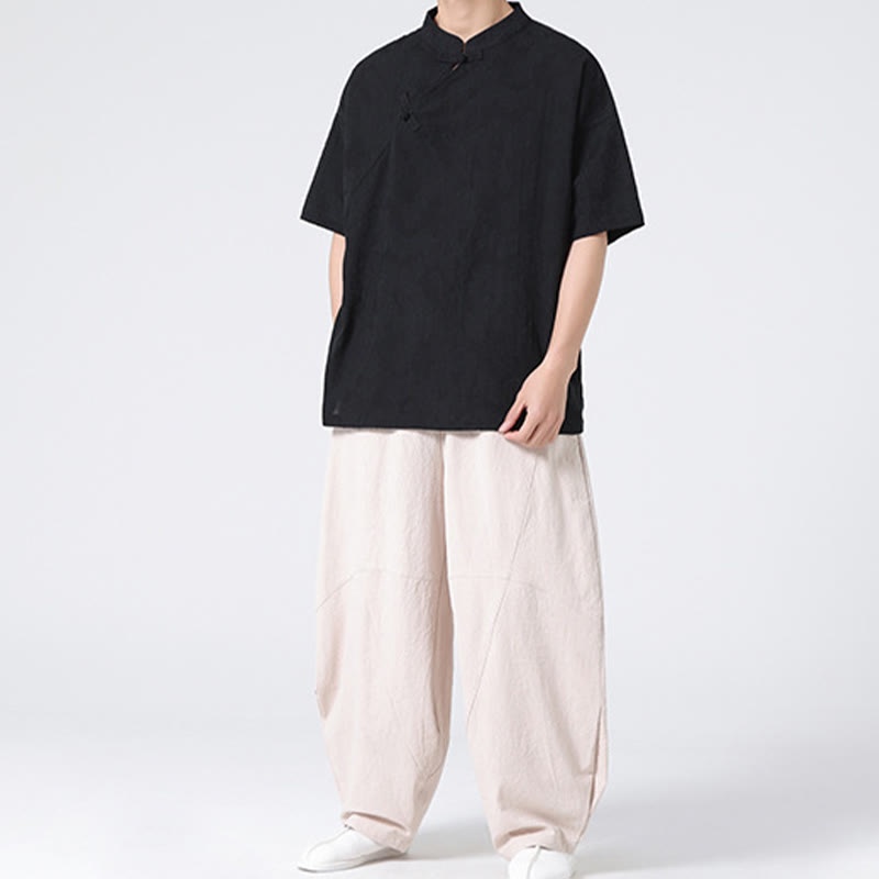 Koszula męska z krótkim rękawem z bawełny i lnu w stylu retro z motywem żaby i kwiatowym wzorem w kwiaty Buddha Stones Retro Pure Color - image 32