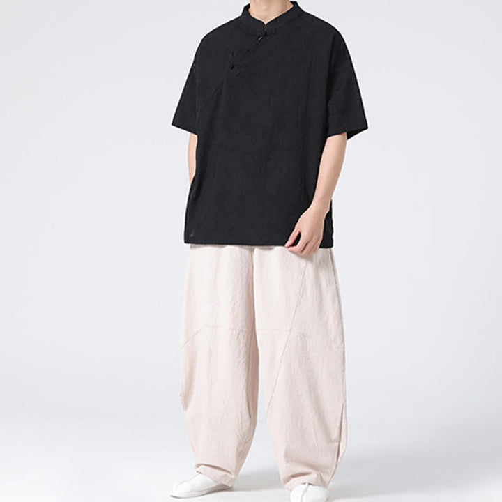 Koszula męska z krótkim rękawem z bawełny i lnu w stylu retro z motywem żaby i kwiatowym wzorem w kwiaty Buddha Stones Retro Pure Color - image 32