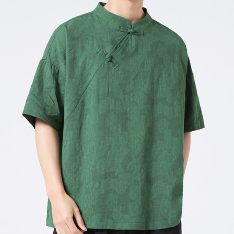 Koszula męska z krótkim rękawem z bawełny i lnu w stylu retro z motywem żaby i kwiatowym wzorem w kwiaty Buddha Stones Retro Pure Color - image 5