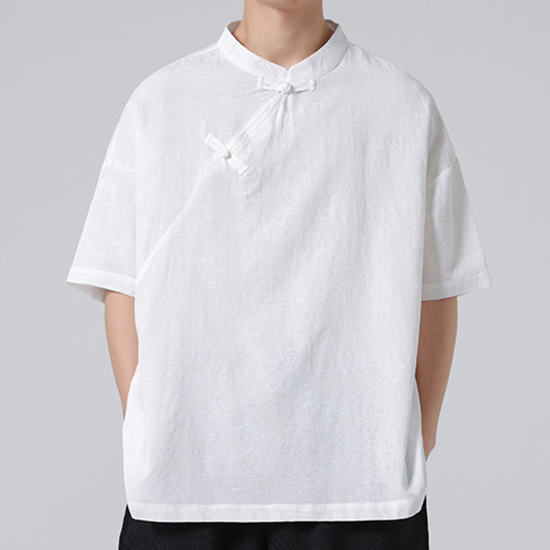 Koszula męska z krótkim rękawem z bawełny i lnu w stylu retro z motywem żaby i kwiatowym wzorem w kwiaty Buddha Stones Retro Pure Color - image 16