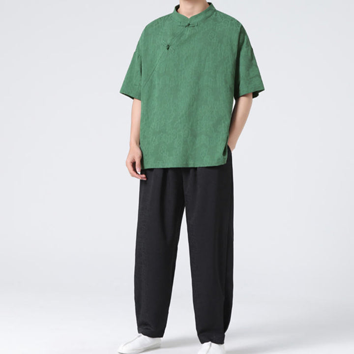 Koszula męska z krótkim rękawem z bawełny i lnu w stylu retro z motywem żaby i kwiatowym wzorem w kwiaty Buddha Stones Retro Pure Color - image 7