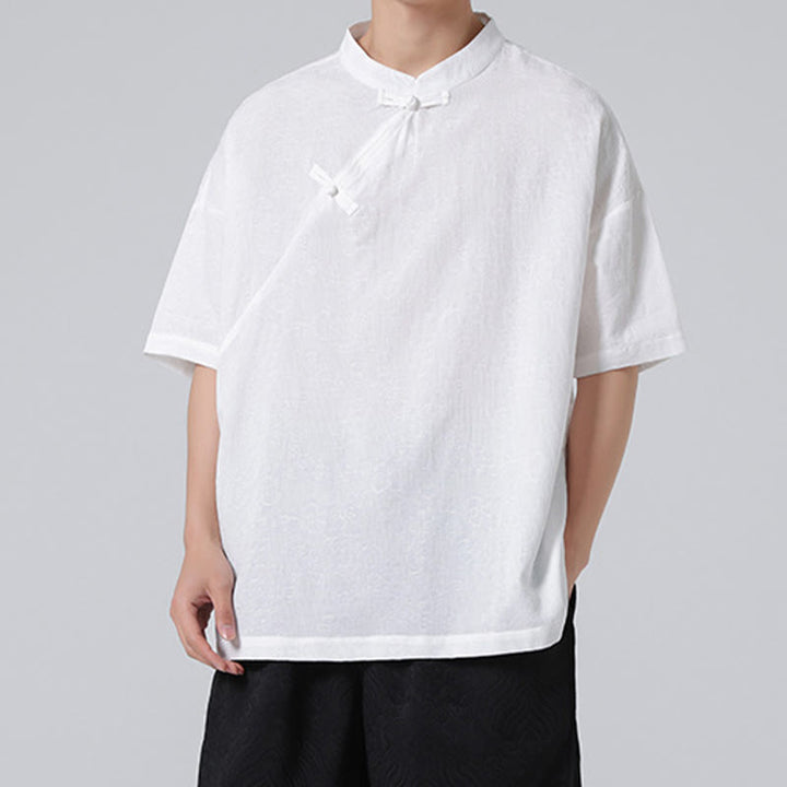 Koszula męska z krótkim rękawem z bawełny i lnu w stylu retro z motywem żaby i kwiatowym wzorem w kwiaty Buddha Stones Retro Pure Color - image 18