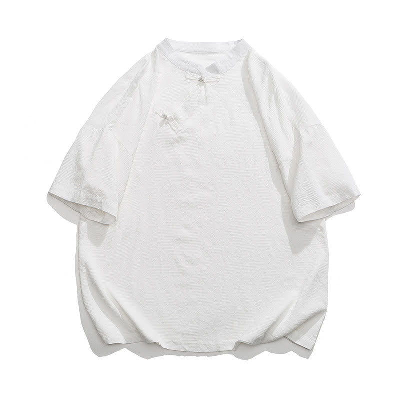 Koszula męska z krótkim rękawem z bawełny i lnu w stylu retro z motywem żaby i kwiatowym wzorem w kwiaty Buddha Stones Retro Pure Color - Biały - US/UK/AU46， EU56 (5XL) - image 14