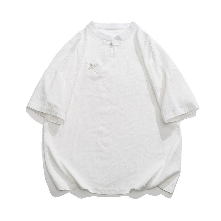 Koszula męska z krótkim rękawem z bawełny i lnu w stylu retro z motywem żaby i kwiatowym wzorem w kwiaty Buddha Stones Retro Pure Color - Biały - US/UK/AU46， EU56 (5XL) - image 14