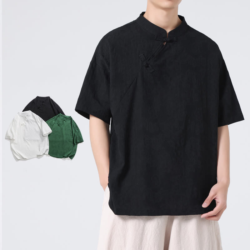 Koszula męska z krótkim rękawem z bawełny i lnu w stylu retro z motywem żaby i kwiatowym wzorem w kwiaty Buddha Stones Retro Pure Color - image 25