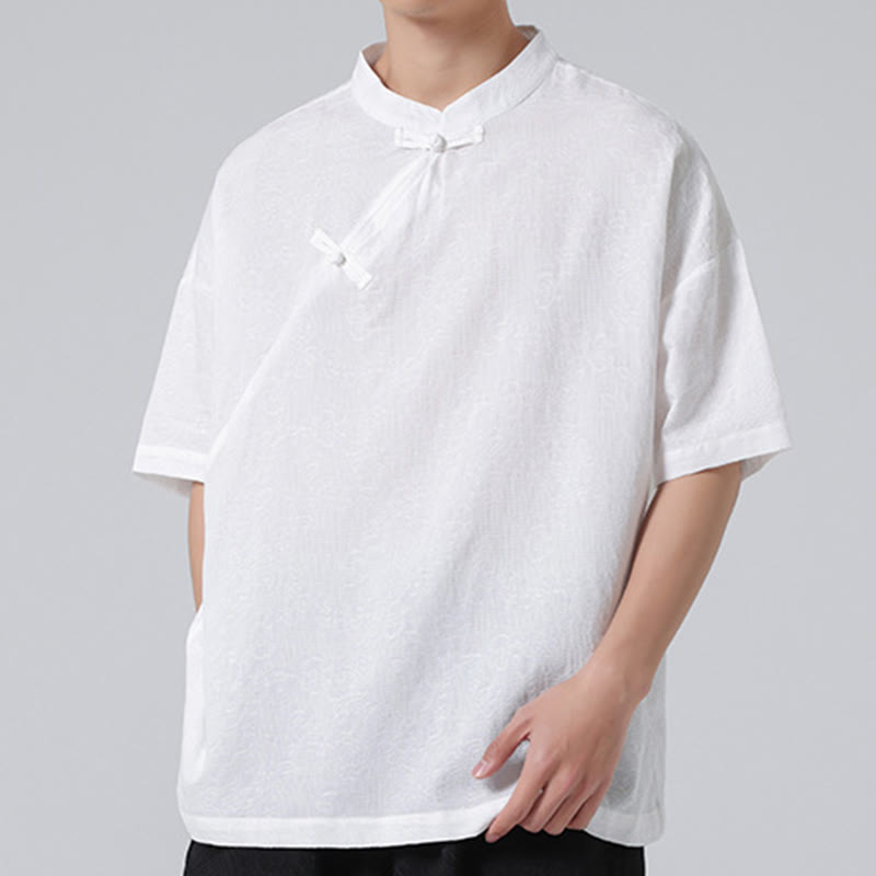 Koszula męska z krótkim rękawem z bawełny i lnu w stylu retro z motywem żaby i kwiatowym wzorem w kwiaty Buddha Stones Retro Pure Color - image 21