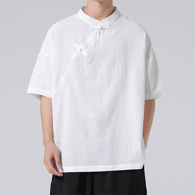 Koszula męska z krótkim rękawem z bawełny i lnu w stylu retro z motywem żaby i kwiatowym wzorem w kwiaty Buddha Stones Retro Pure Color - image 19