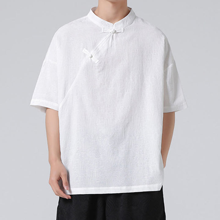 Koszula męska z krótkim rękawem z bawełny i lnu w stylu retro z motywem żaby i kwiatowym wzorem w kwiaty Buddha Stones Retro Pure Color - image 19