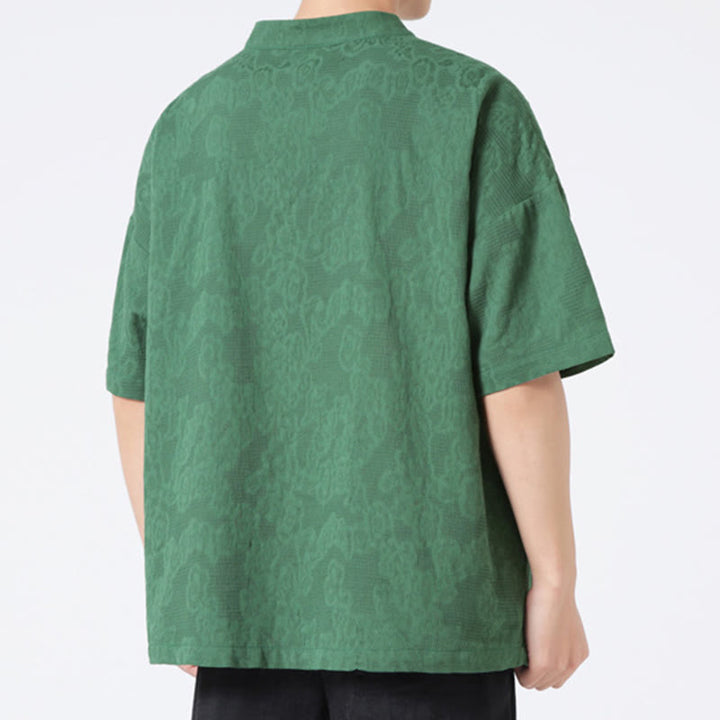 Koszula męska z krótkim rękawem z bawełny i lnu w stylu retro z motywem żaby i kwiatowym wzorem w kwiaty Buddha Stones Retro Pure Color - image 4