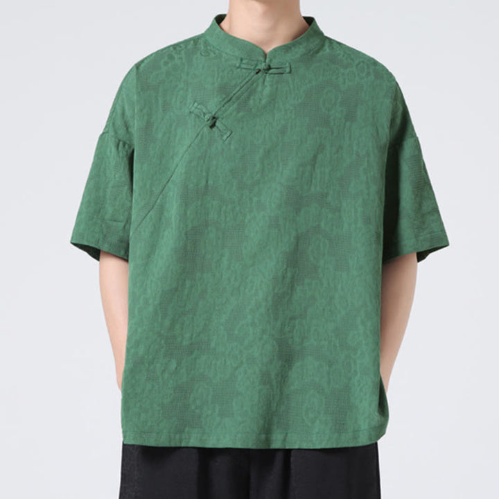 Koszula męska z krótkim rękawem z bawełny i lnu w stylu retro z motywem żaby i kwiatowym wzorem w kwiaty Buddha Stones Retro Pure Color - image 1