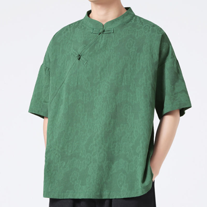 Koszula męska z krótkim rękawem z bawełny i lnu w stylu retro z motywem żaby i kwiatowym wzorem w kwiaty Buddha Stones Retro Pure Color - image 3