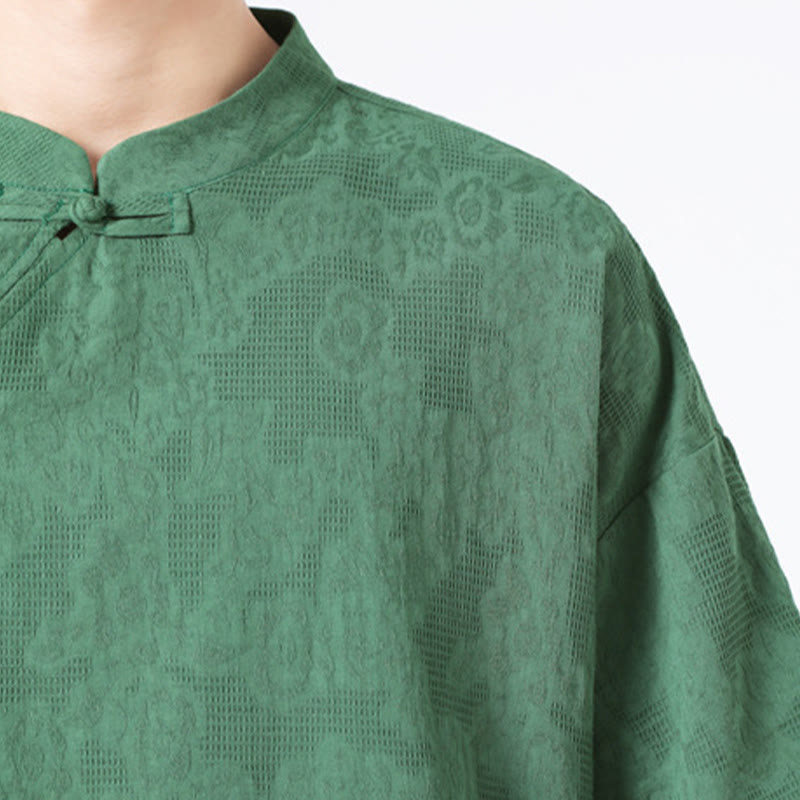 Koszula męska z krótkim rękawem z bawełny i lnu w stylu retro z motywem żaby i kwiatowym wzorem w kwiaty Buddha Stones Retro Pure Color - image 9