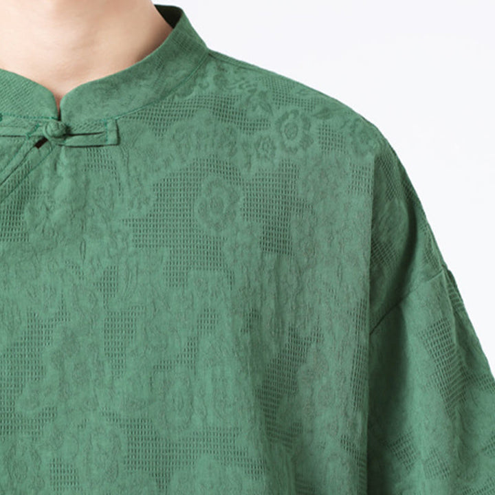 Koszula męska z krótkim rękawem z bawełny i lnu w stylu retro z motywem żaby i kwiatowym wzorem w kwiaty Buddha Stones Retro Pure Color - image 9