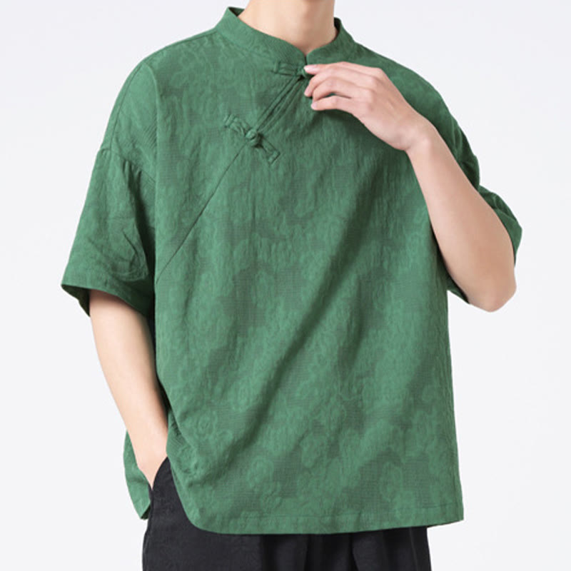 Koszula męska z krótkim rękawem z bawełny i lnu w stylu retro z motywem żaby i kwiatowym wzorem w kwiaty Buddha Stones Retro Pure Color - SeaGreen - US/UK/AU46， EU56 (5XL) - image 0