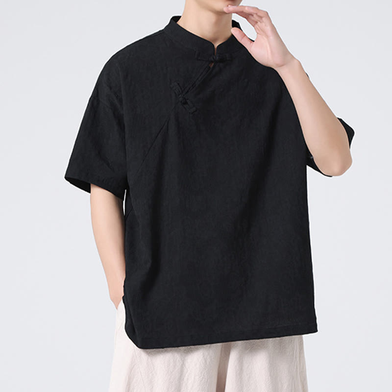 Koszula męska z krótkim rękawem z bawełny i lnu w stylu retro z motywem żaby i kwiatowym wzorem w kwiaty Buddha Stones Retro Pure Color - image 27