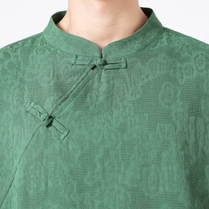 Koszula męska z krótkim rękawem z bawełny i lnu w stylu retro z motywem żaby i kwiatowym wzorem w kwiaty Buddha Stones Retro Pure Color - image 8