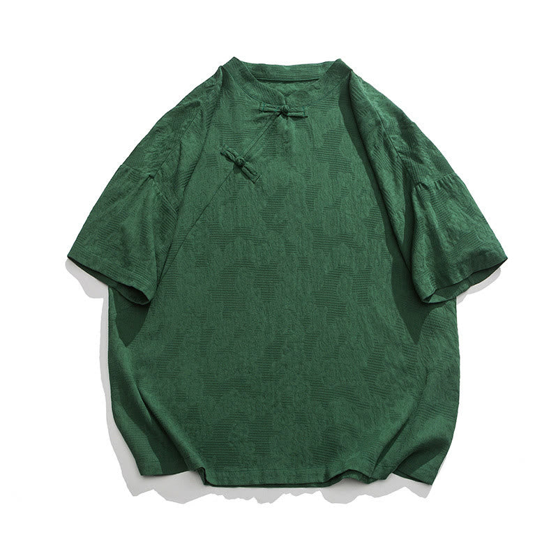 Koszula męska z krótkim rękawem z bawełny i lnu w stylu retro z motywem żaby i kwiatowym wzorem w kwiaty Buddha Stones Retro Pure Color - image 13