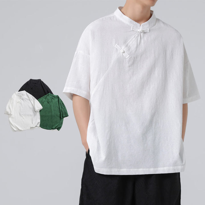 Koszula męska z krótkim rękawem z bawełny i lnu w stylu retro z motywem żaby i kwiatowym wzorem w kwiaty Buddha Stones Retro Pure Color - image 15